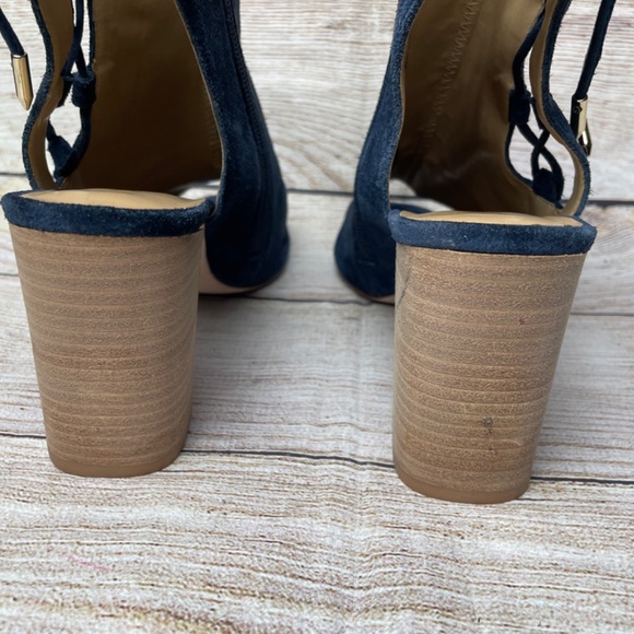 Vaneli Blue Suede Peep Toe Chunky Wood Heels Slingback Sandal Booties Size 10 - Picture 5 of 8